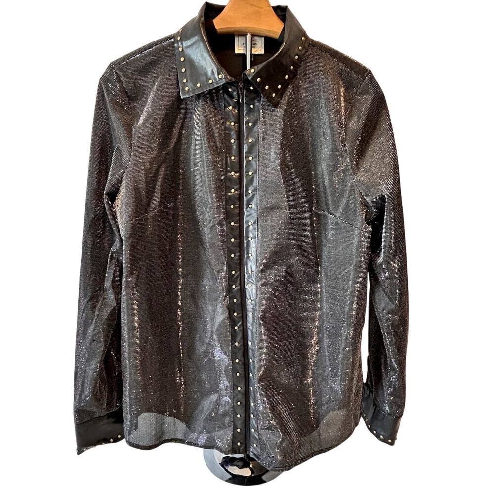 NWOT Unisex Black Leather Gold Studded Glitter Oversized Mesh Western Rock XS - Picture 1 of 8